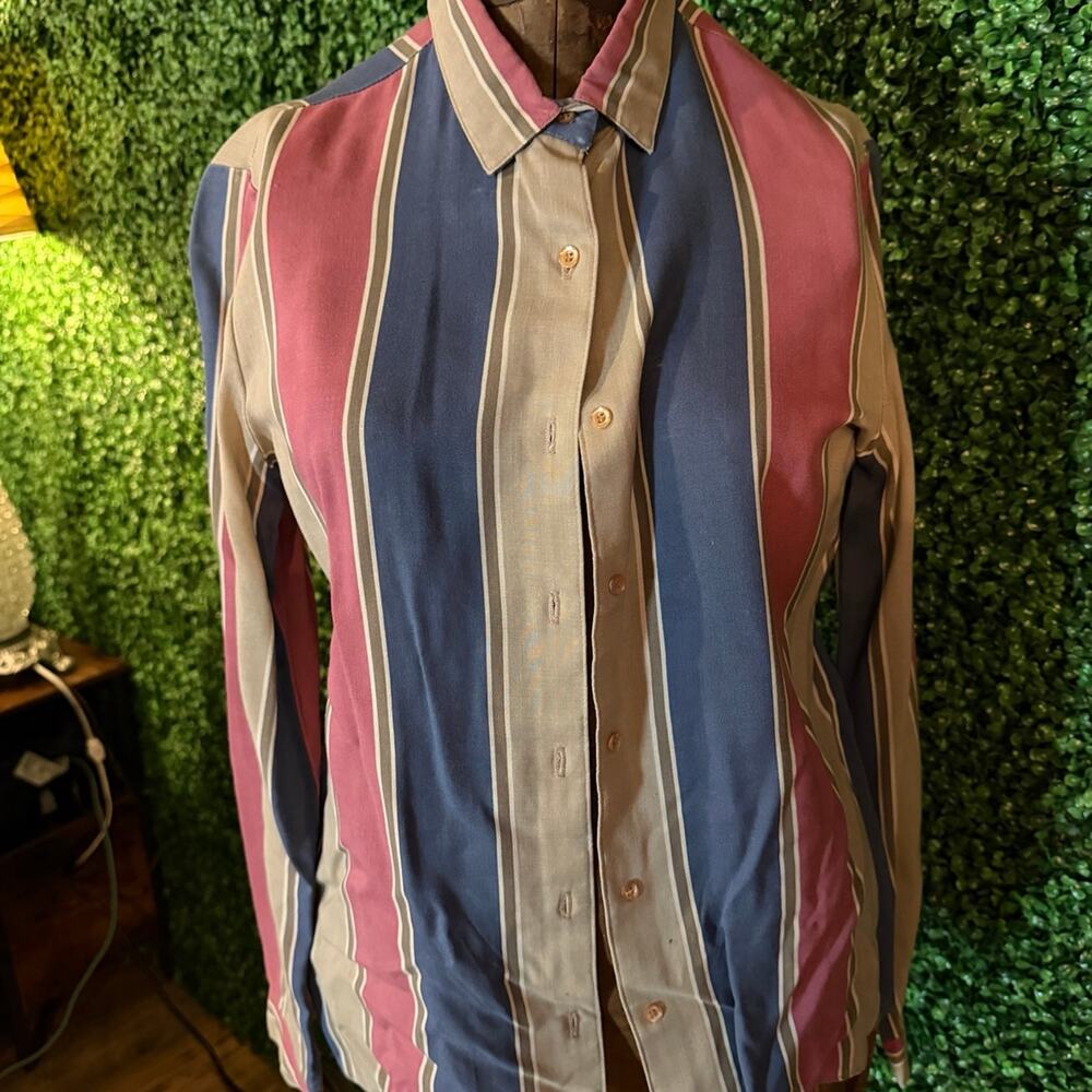 Vintage Country Suburbans Striped Button Up Blouse Size 10 Retro Long Sleeve Shi